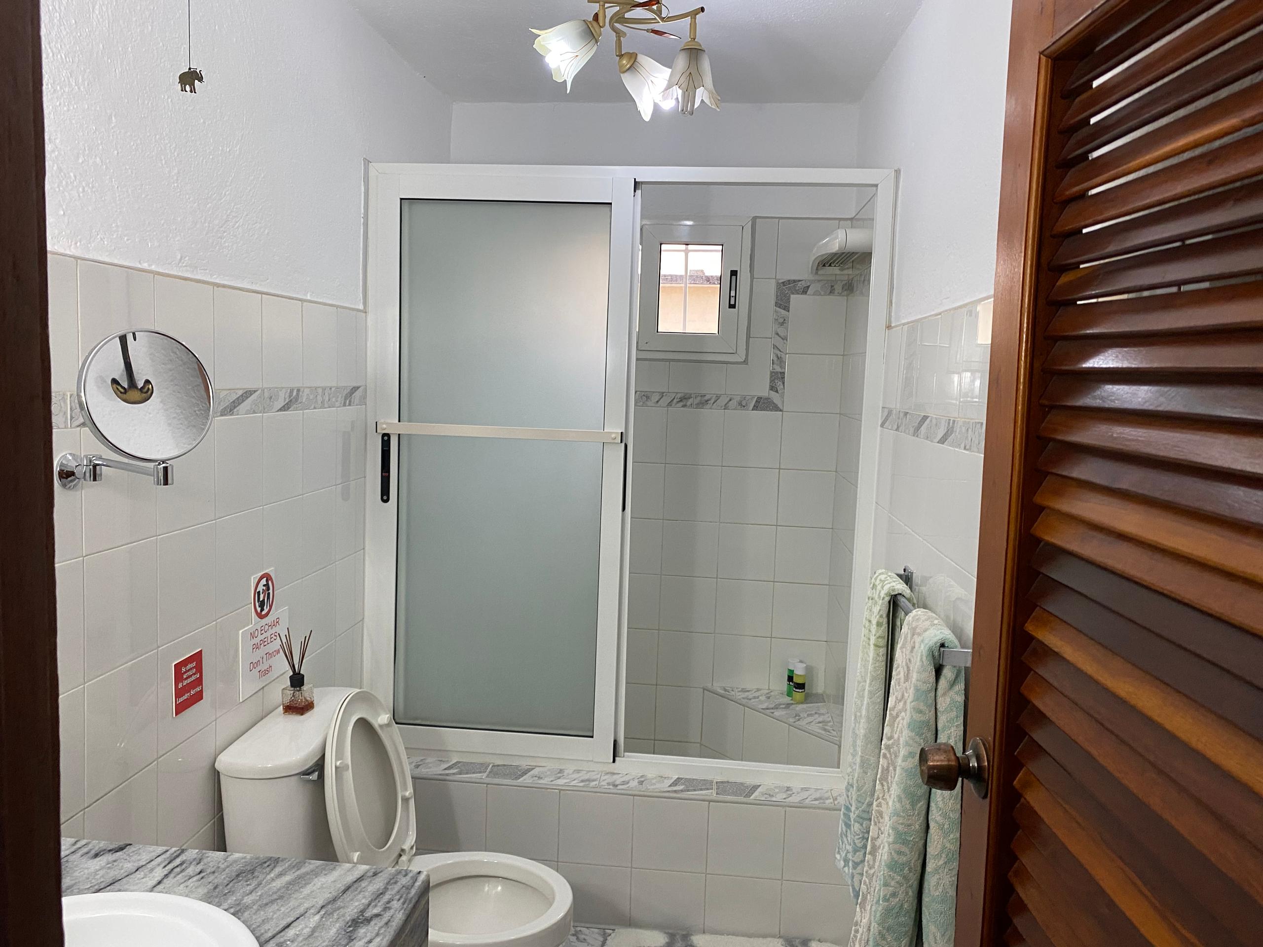 Private bathroom with glass shower, marble border tile, brass chandelier and an elephant ornament